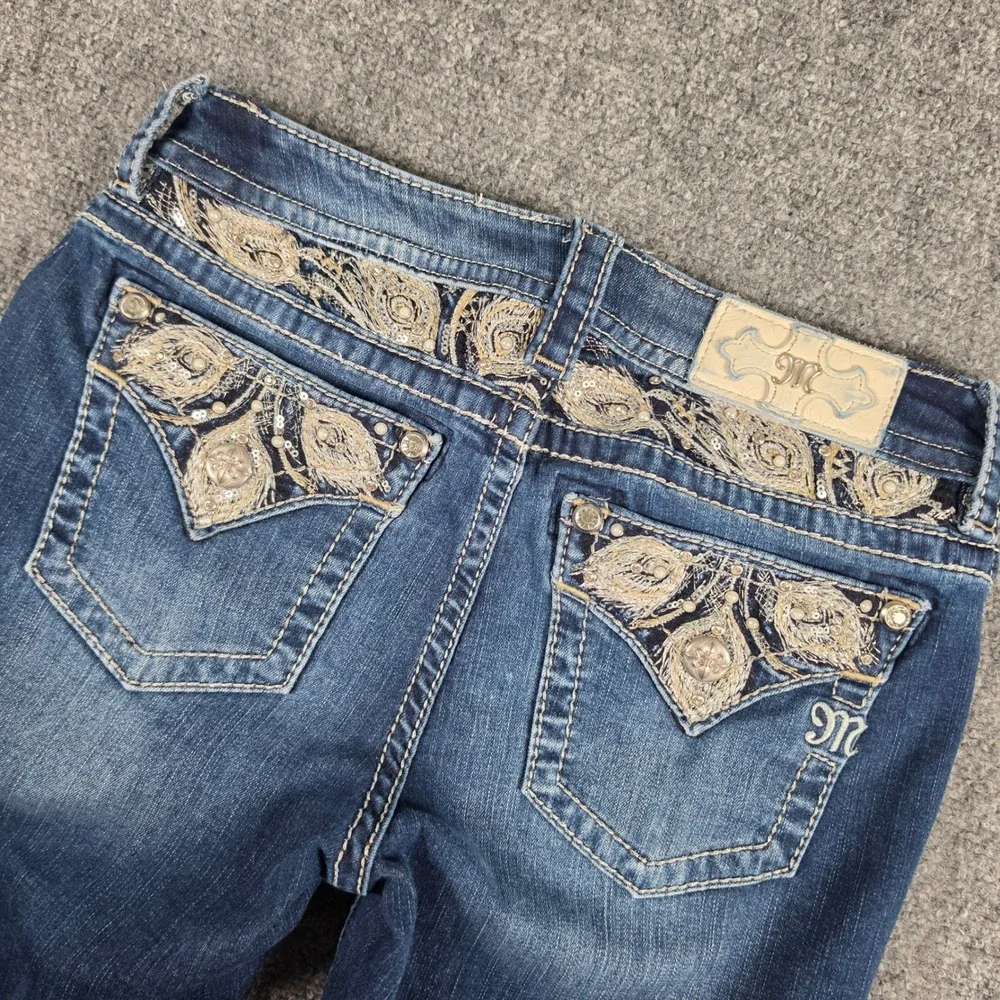 Miss Me Chloe Bootcut Jeans Women 29 Blue Embroidered Rhinestone Raw Hem M3442B